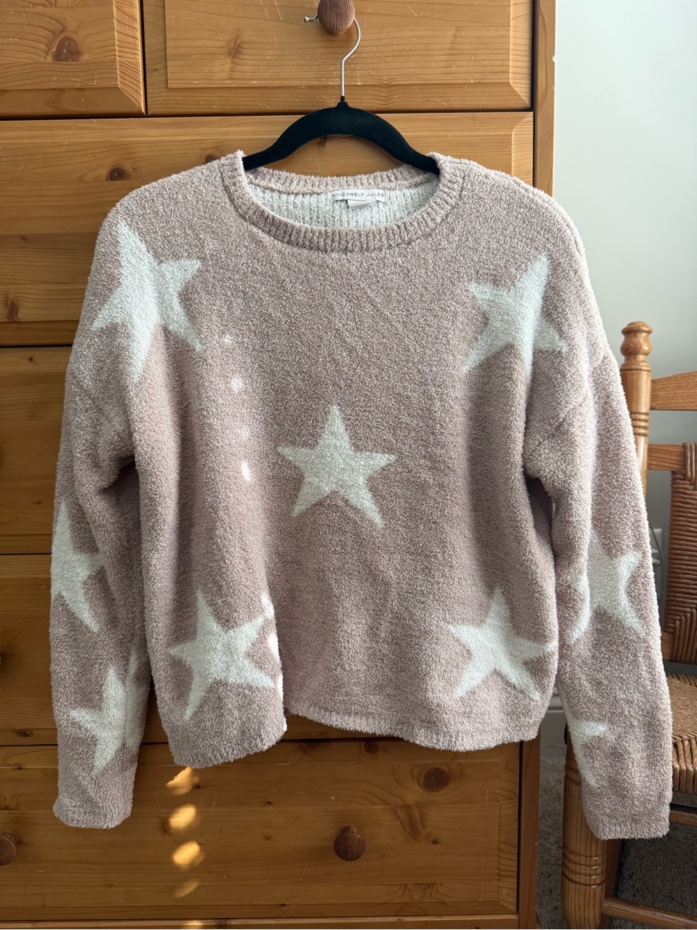 Sincerely Jules Plush Star Crewneck Sweater in Blush Pink and White